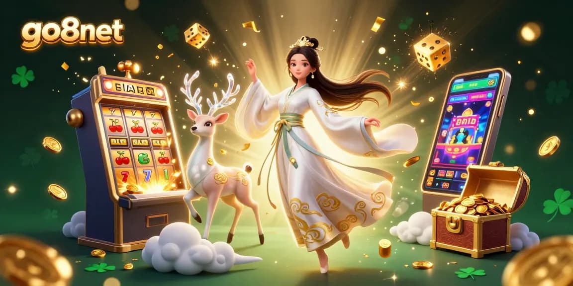 Play exciting games at go8net with vibrant casino elements and characters in a captivating scene.