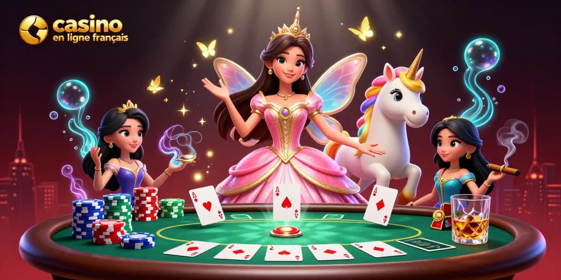 Plongez dans la fantaisie du casino en ligne français avec une femme asiatique glamour et un unicorn doré.