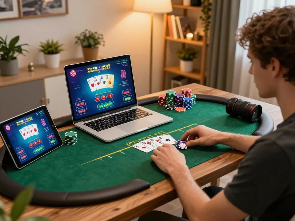 Player enjoys a thrilling rr88 online poker game at home, showcasing a vibrant gaming setup.