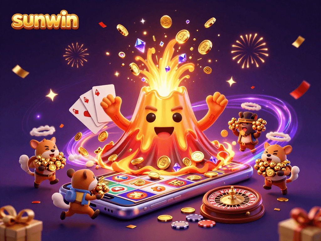 Experience the excitement of sunwin as cartoon characters erupt into treasure amidst a lively gaming scene.