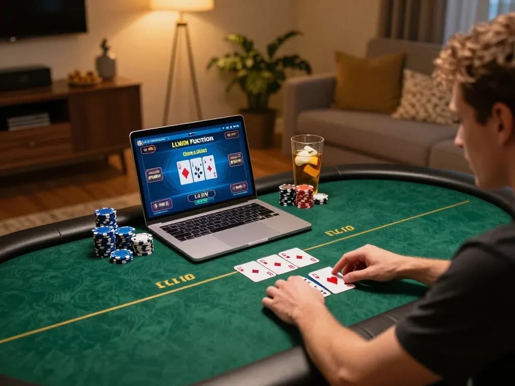 Engaged player utilizing LLWIN Function for strategic gameplay at an online poker table