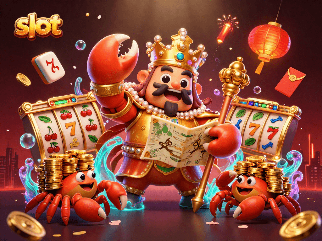Slot dengan karakter kepiting emas menguasai, penuh dengan elemen keberuntungan dan dekorasi.