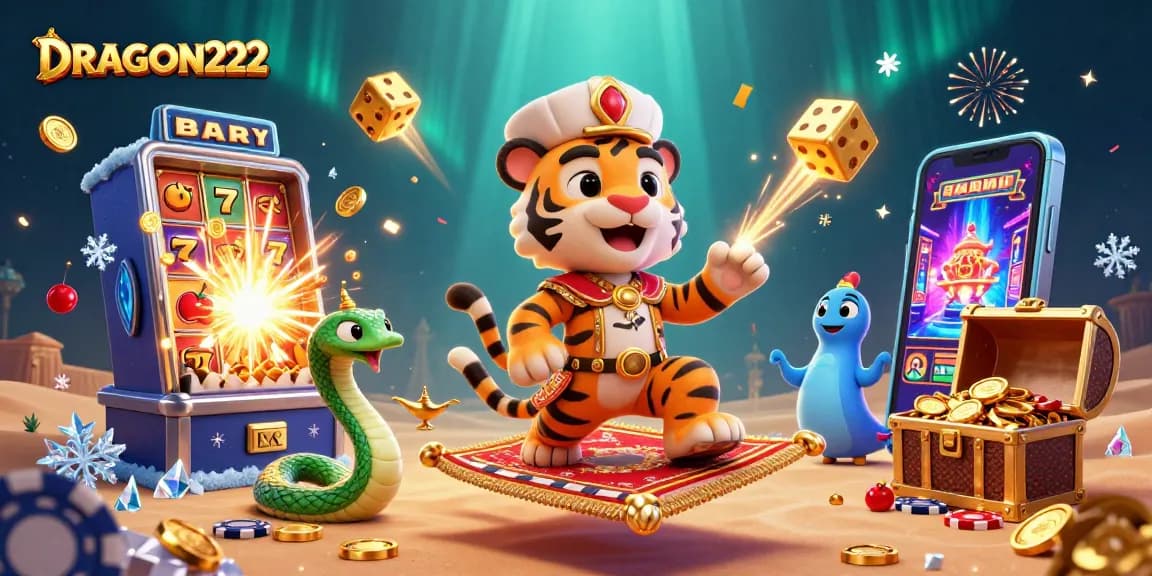 Experience big wins with DRAGON222 at this vibrant 3D online slots illustration.