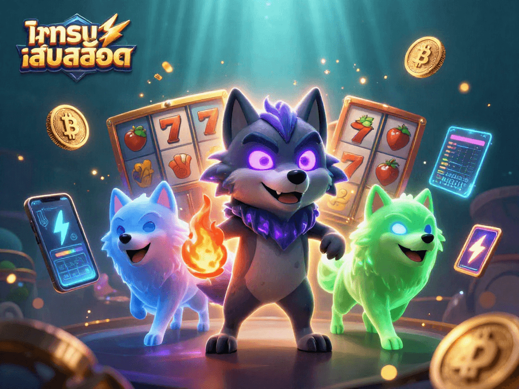 Try ทดลองเล่นสล็อต with energetic wolves and colorful slot reels amidst neon crypto elements.