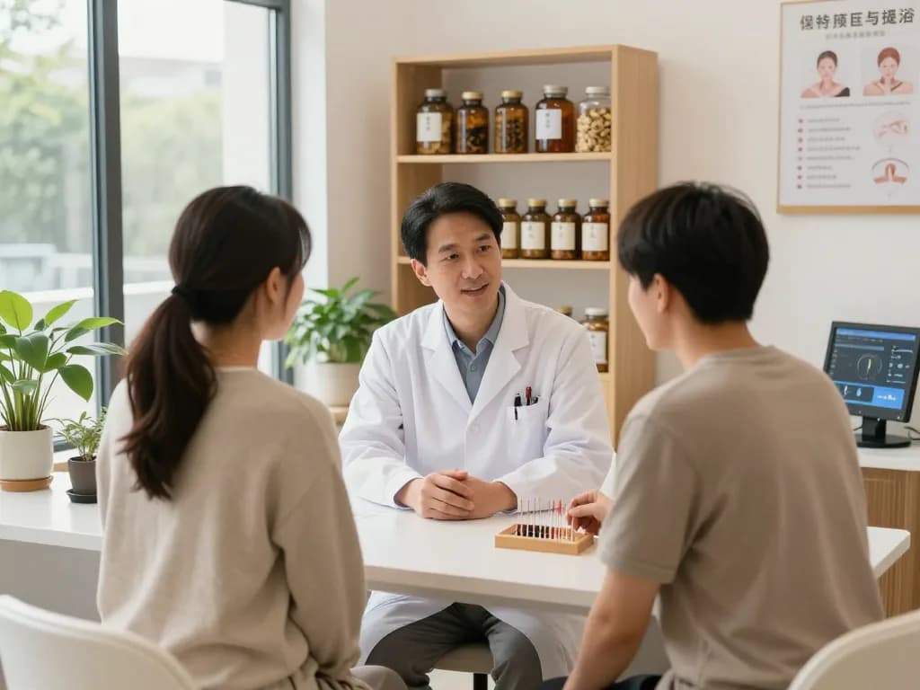 수원한의원 interior with healthcare professional consulting patient in a calming environment