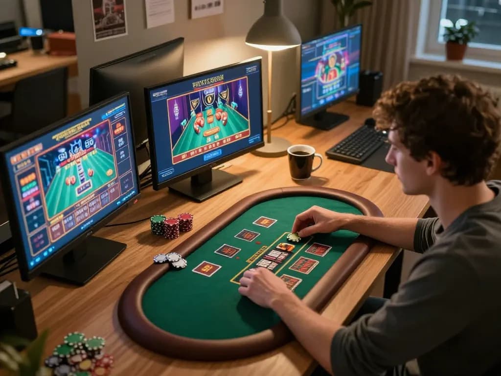 Engaging in online casino gameplay at UG88 with multiple screens, showcasing strategic betting.