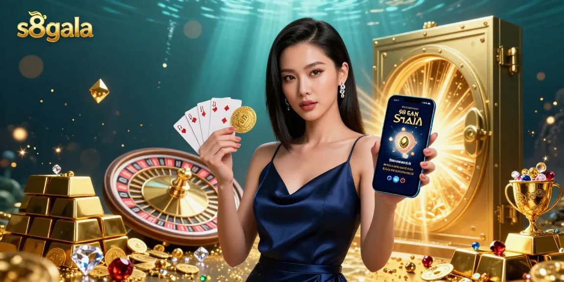 S8gala offers an immersive casino experience with a stunning Asian woman showcasing a golden chip and smartphone amid jewels and gold.