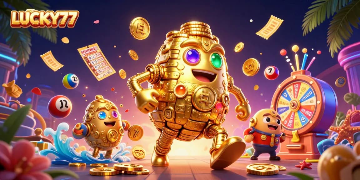 Engage in exciting lottery action with LUCKY77's vibrant 3D casino illustration featuring a golden golem and colorful game elements.