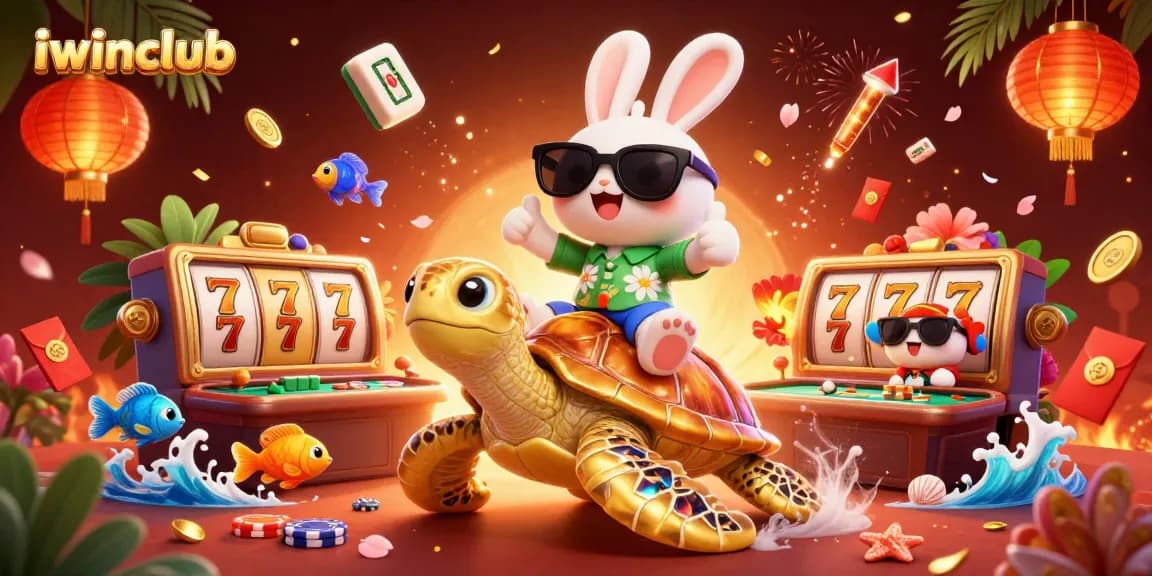 Engage with iwinclub's vibrant online gaming scene featuring a lucky rabbit and a golden turtle, showcasing slots and poker elements.