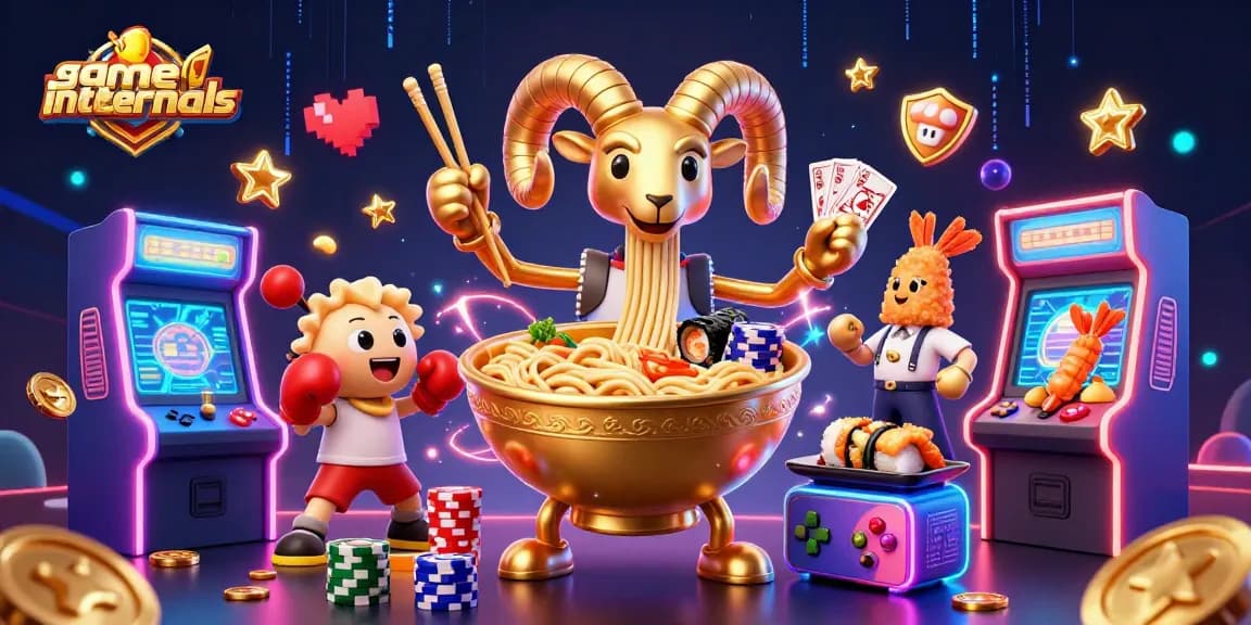 gameinternals showcases a vibrant 3D illustration of a golden ramen bowl dealer surrounded by casino elements.