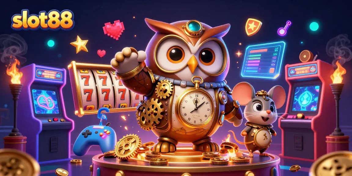 Spin and win at slot88 with vibrant 3D casino elements, featuring a steampunk owl and jackpots.