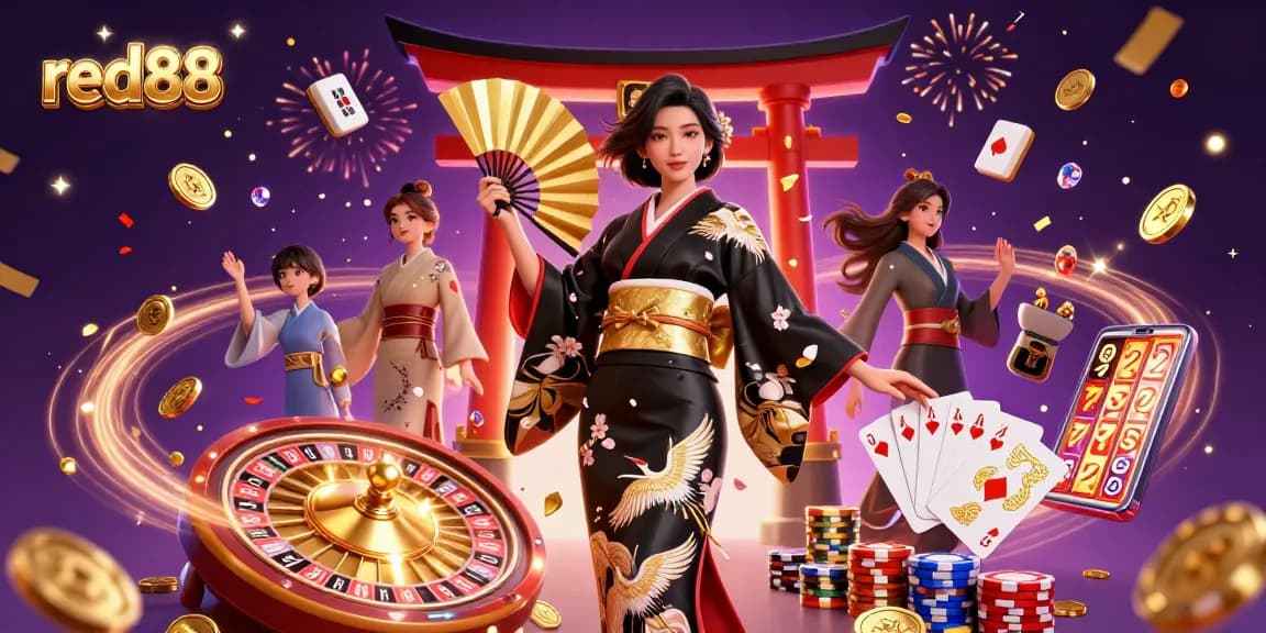 Maximize your gaming experience at red88 with this 3D illustration showcasing an elegant Asian woman in a vibrant casino.