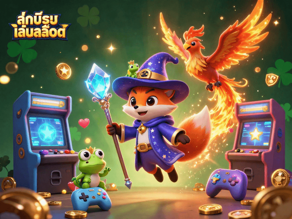 Engage in ทดลองเล่นสล็อต with mystical fox wizard, soaring phoenix, and vibrant casino game elements.