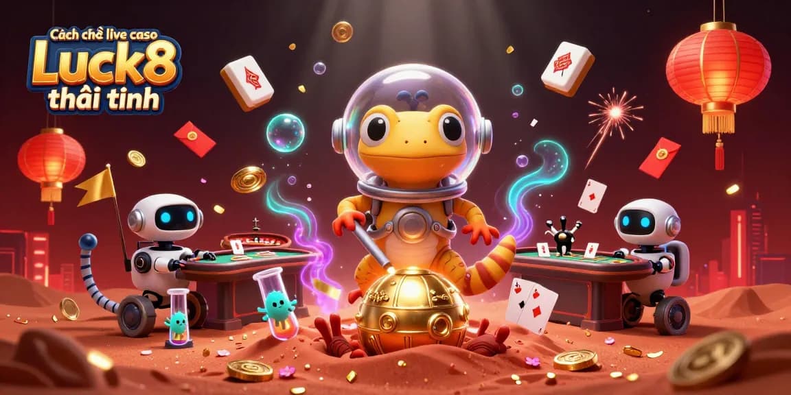 Cách chơi live casino Luck8 luôn thắng with a Martian gecko and casino elements in a vibrant 3D illustration.