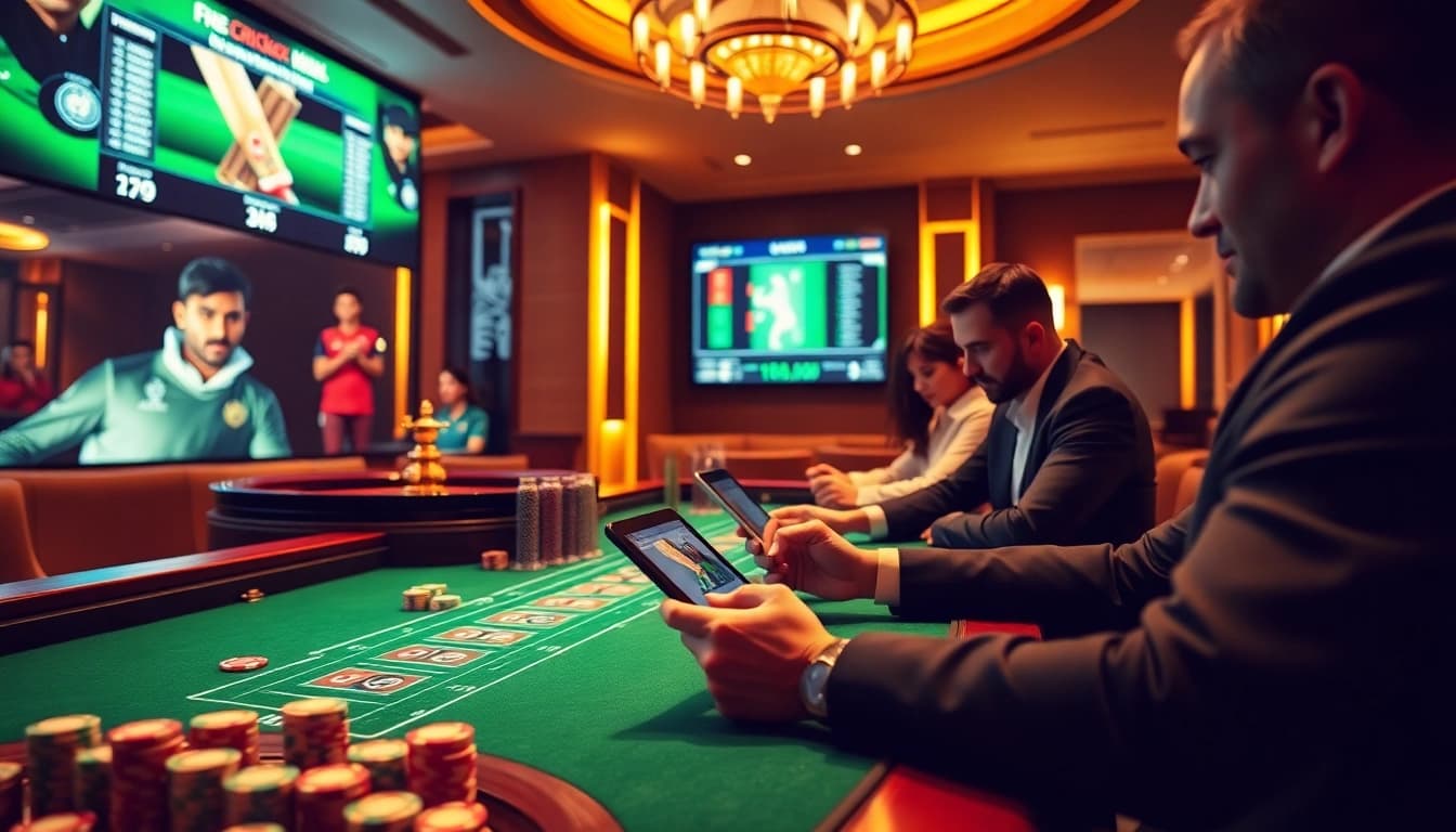 Experience the thrill of betting with Crickex at a lively casino table featuring cricket-themed elements.