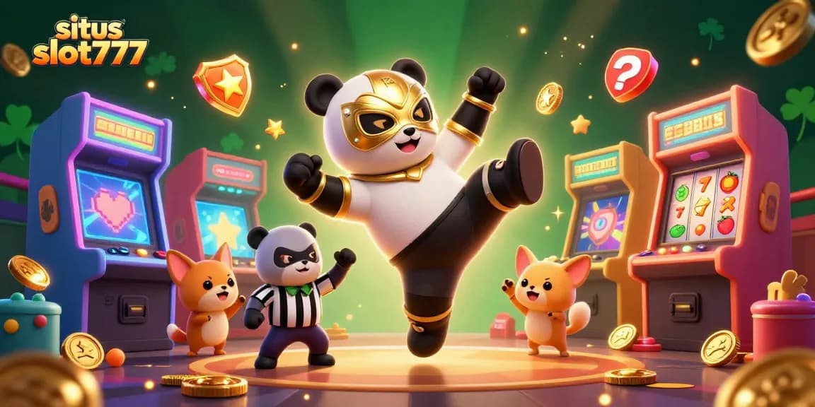 Visualisasikan situs slot777 dengan karakter kartun panda bertarung di kasino bersama mesin slot.