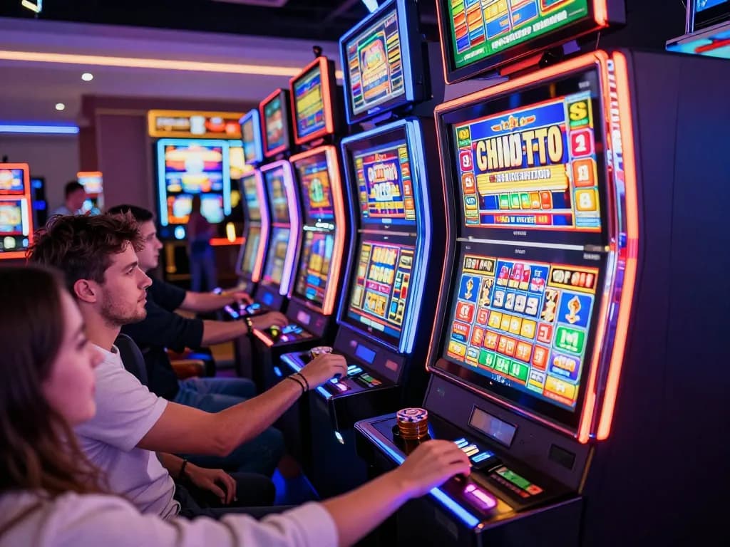 Players enjoying the thrilling oli4d slot machine experience in an exciting casino atmosphere.