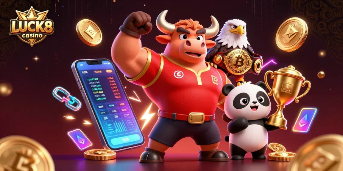 Play LUCK8 casino with a victory pose mascot and vibrant gaming elements enhancing the excitement.