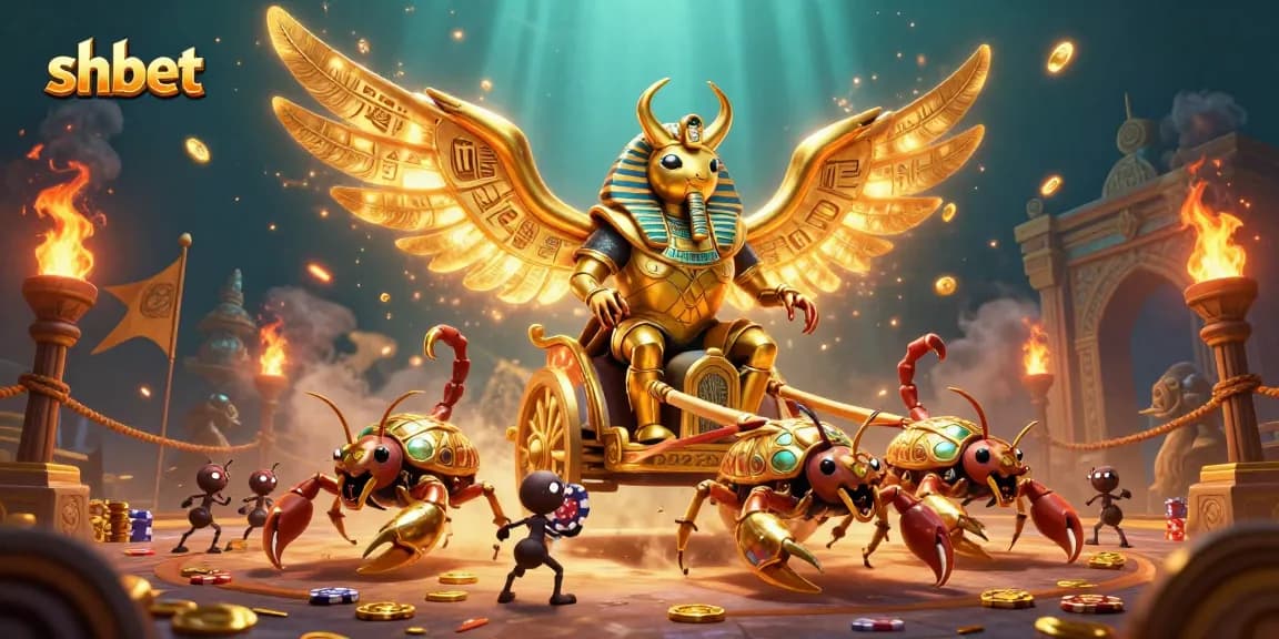 Experience thrilling gameplay at shbet with a vibrant scene of gambling action, showcasing a colossal golden scarab and poker chips.