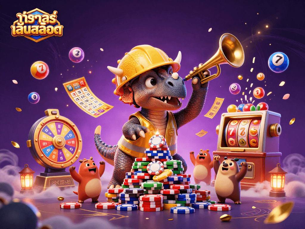 Experience ทดลองเล่นสล็อต with a vibrant 3D party scene featuring dinosaurs and exciting casino elements.