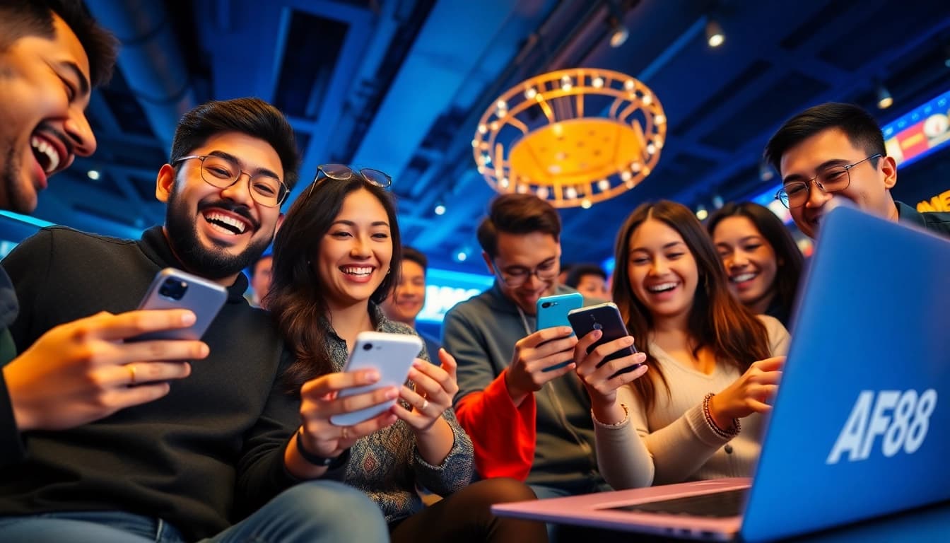 AF88 online betting scene with engaged players using smartphones and laptops, showcasing excitement and trust.