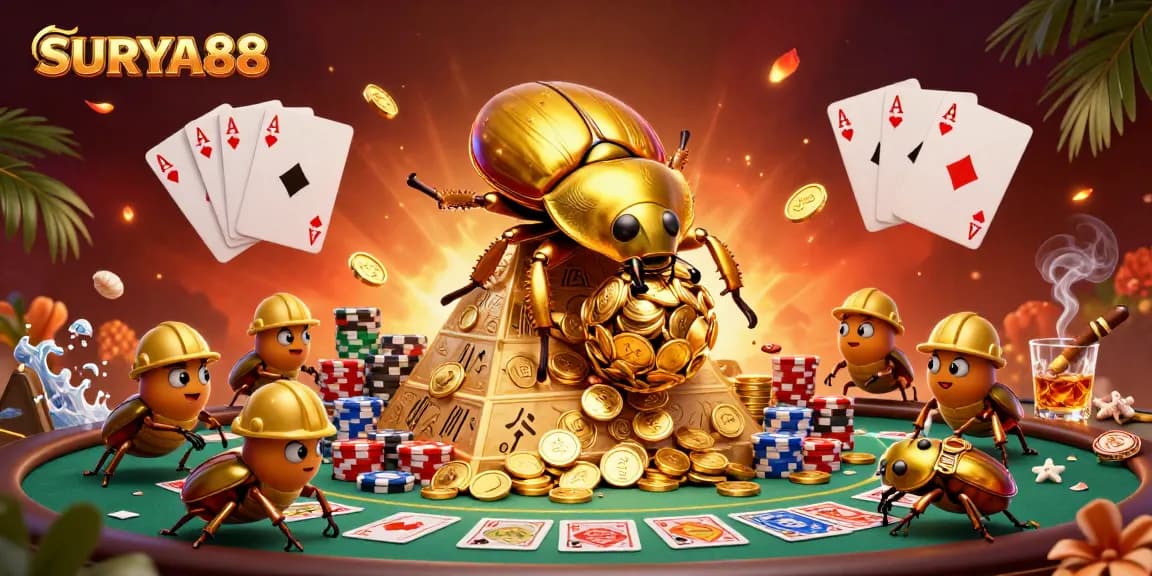 Experience SURYA88 with thrilling casino action featuring golden beetles rolling coins.