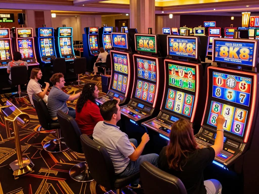 Players enjoying exciting slot games at 8K8 Casino, showcasing vibrant machines and engaging atmosphere