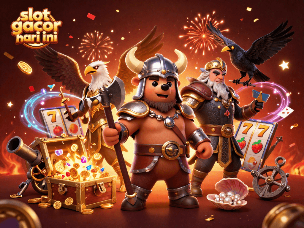 Engage in slot gacor hari ini with a vibrant 3D scene portraying rich casino elements and lively characters.