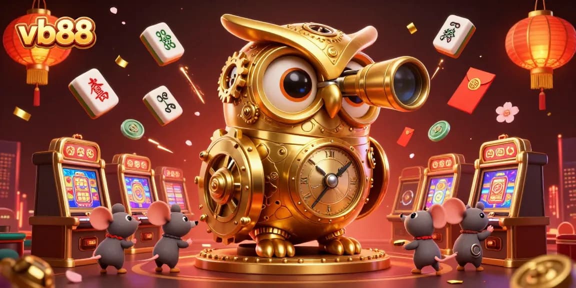 Engage with vb88's vibrant casino experience featuring a golden owl and animated patrons.