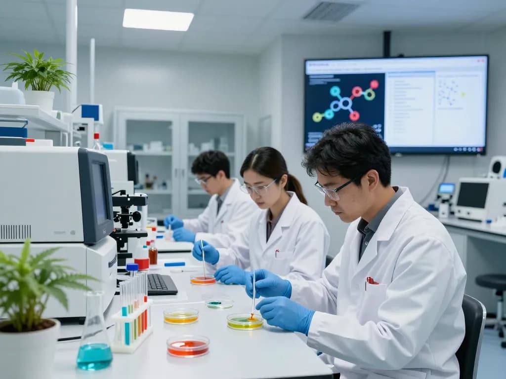 Cannabinoid manufacturer Europe research in modern lab with scientists testing hemp extracts.