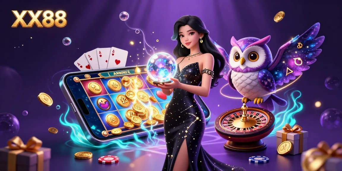 Experience thrilling gameplay at XX88 with a stunning illustration of gaming elements and mystical characters.