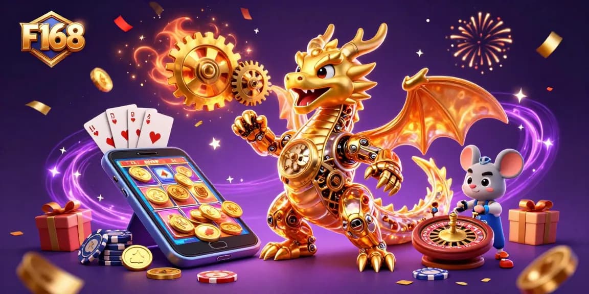 F168's exciting casino adventure featuring a golden dragon, spinning slots, and festive elements.