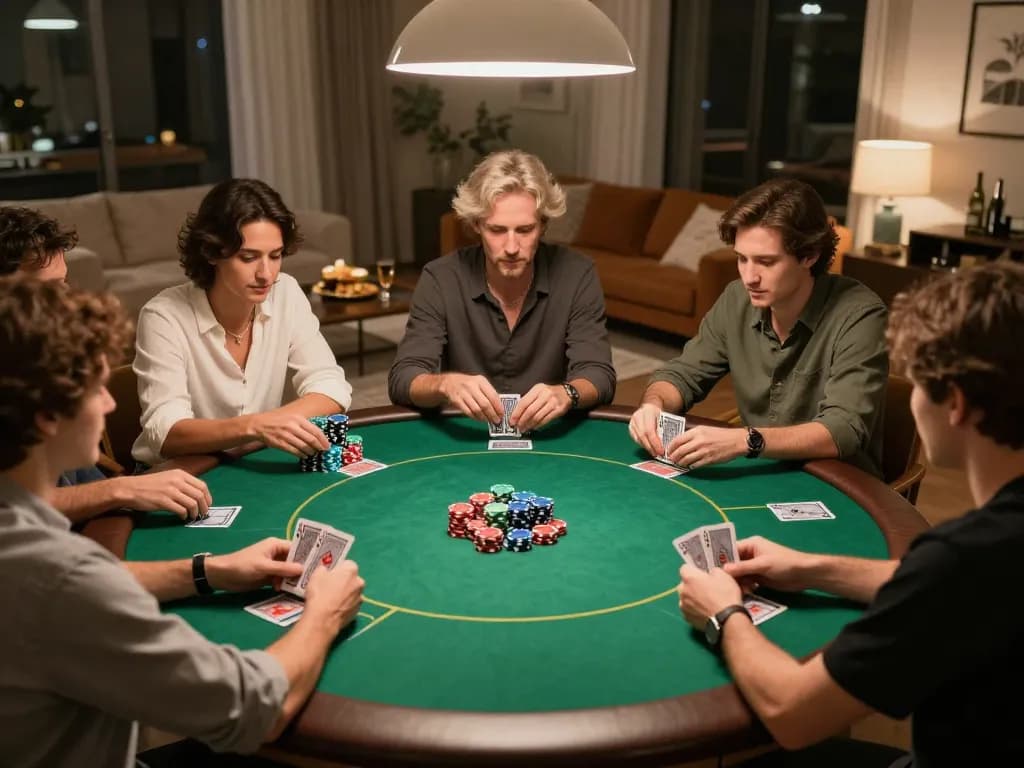 S8 players engaging in a friendly home poker game with vibrant chips and cards on the table.