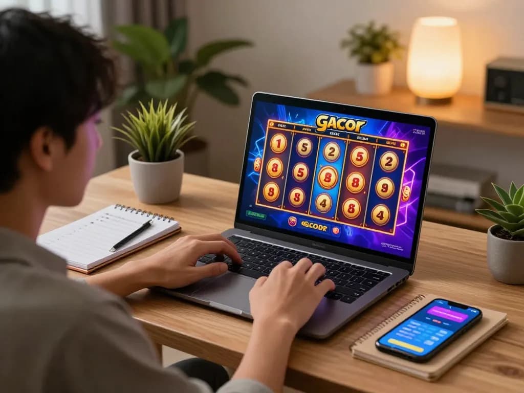 Person engaging in exciting slot gacor gameplay on laptop screen in cozy home office.