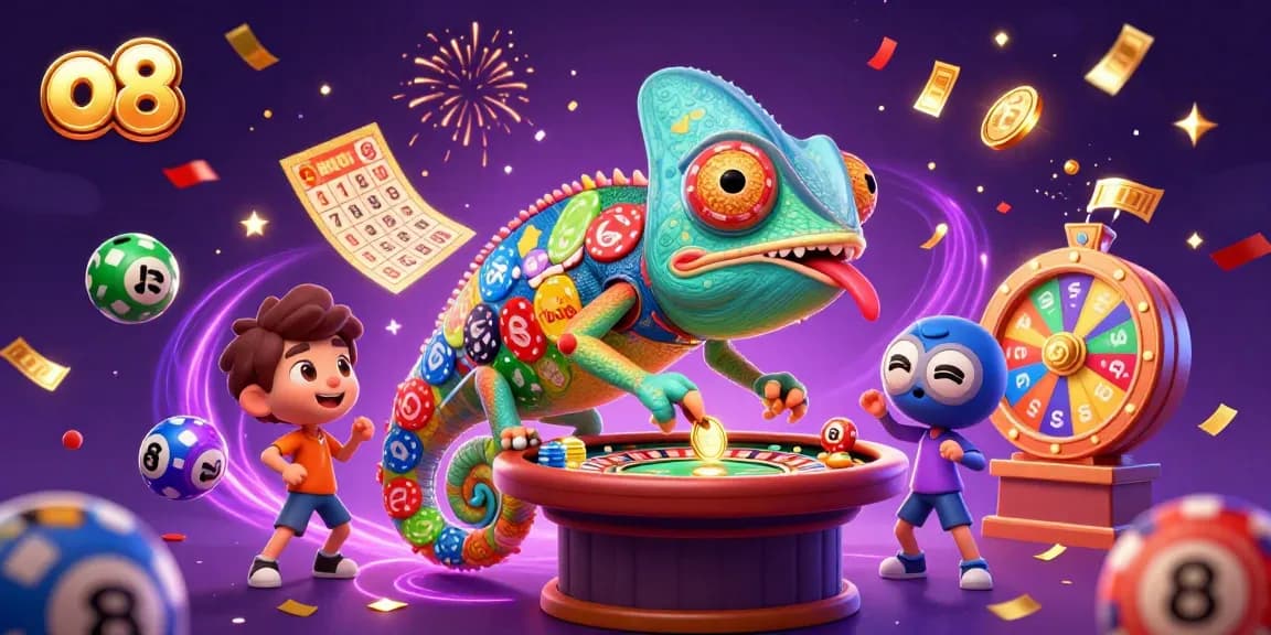 Engage with the vibrant casino world of o8, featuring a chameleon owner amidst dynamic gaming elements.