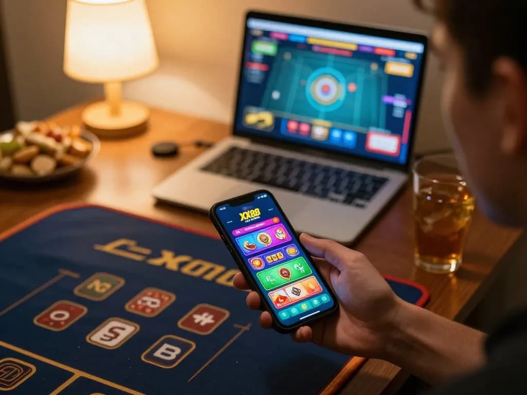 Playing games on XX88 Asia app through smartphone in a cozy home setting