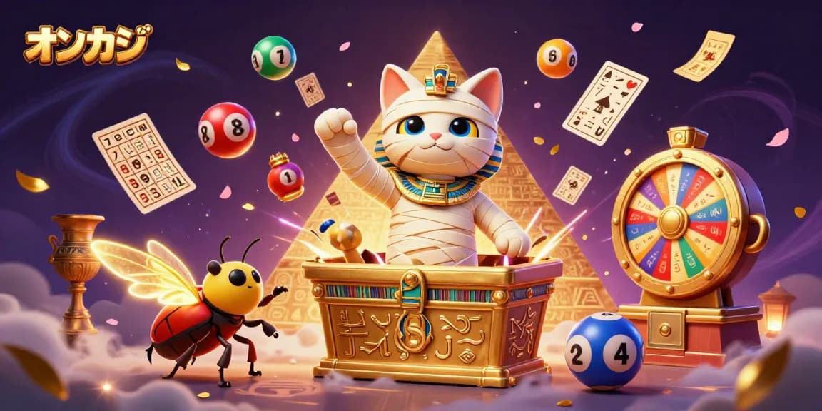 オンカジで遊ぶエジプトのミイラ猫が金のカジノから飛び出し、鮮やかなくじ玉が舞い上がるシーン。