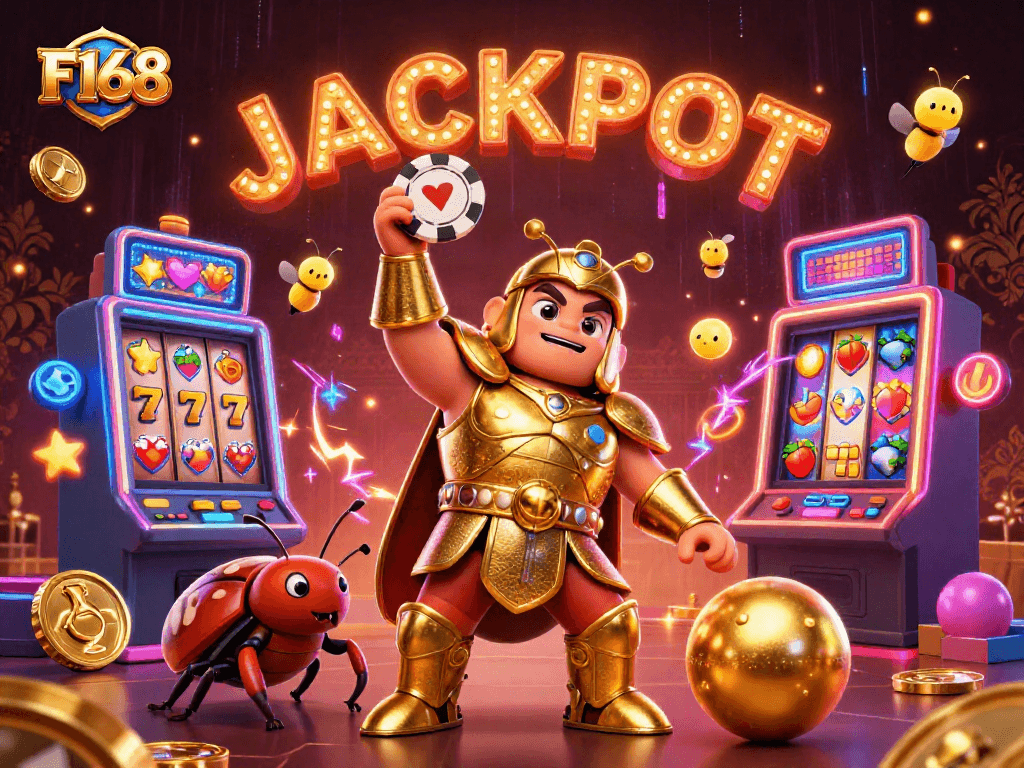 Engage with the F168 jackpot scene featuring beetles and vibrant casino elements, celebrating wins.