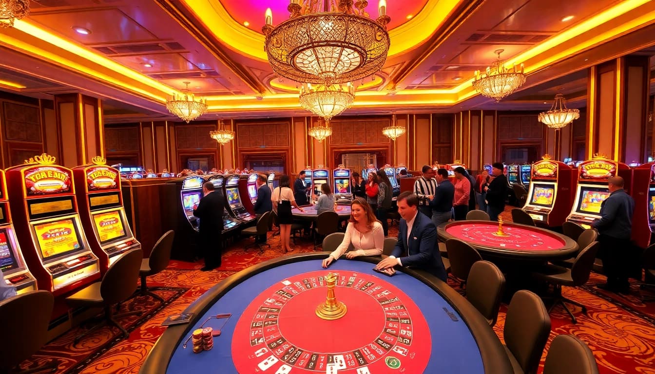 Players engaging in exciting games at Vua 99 casino, showcasing luxury and thrilling slot machine action.
