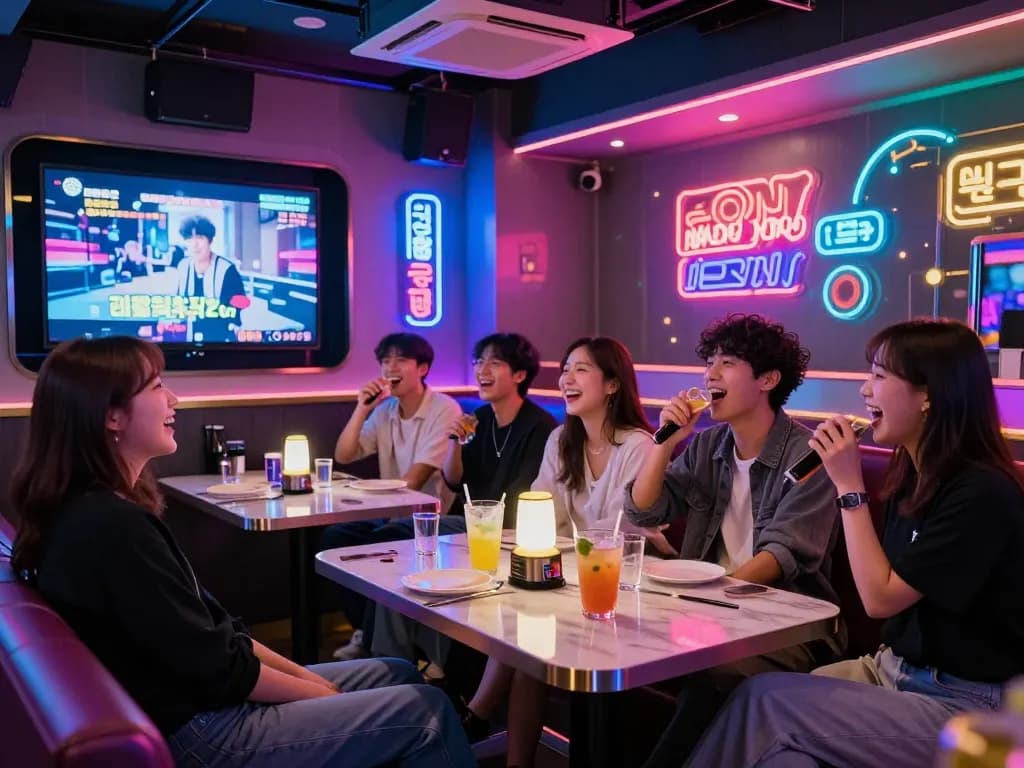 Dynamic 제주유흥 nightlife scene capturing friends enjoying karaoke at a stylish bar with neon lights.