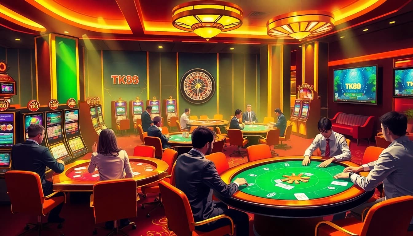 Experience the excitement of Tk88 chính thức with immersive casino scenes featuring poker, slots, and roulette.