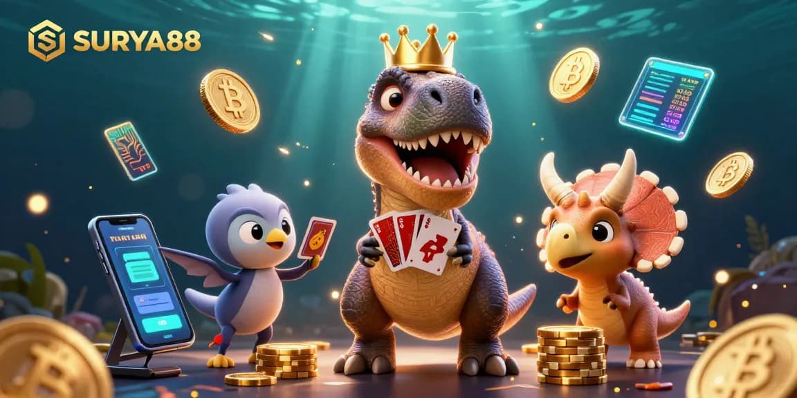 SURYA88 showcases a fun 3D T-Rex and friends immersed in a lively casino scene filled with crypto elements.