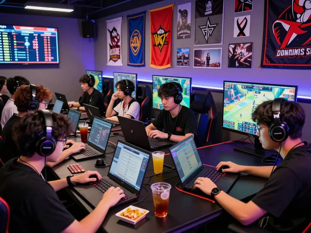 Esports betting Singapore scene with gamers focused on live matches and odds in a vibrant lounge.