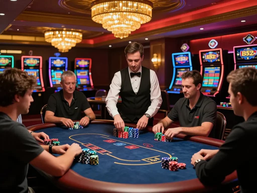 Players enjoying a strategic poker game at B52 casino with vibrant chips and professional dealer.