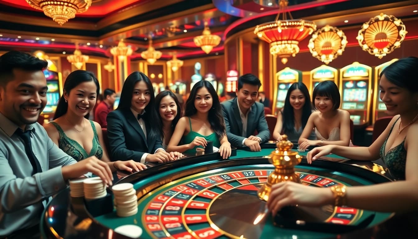 Engage with the thrills of gambling at BK8 Thai, featuring a lively casino scene with roulette and poker chips.