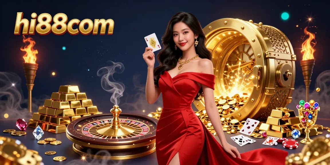 Experience the excitement of hi88com at a vibrant casino scene with a beautiful woman showcasing a golden playing card and roulette wheel.
