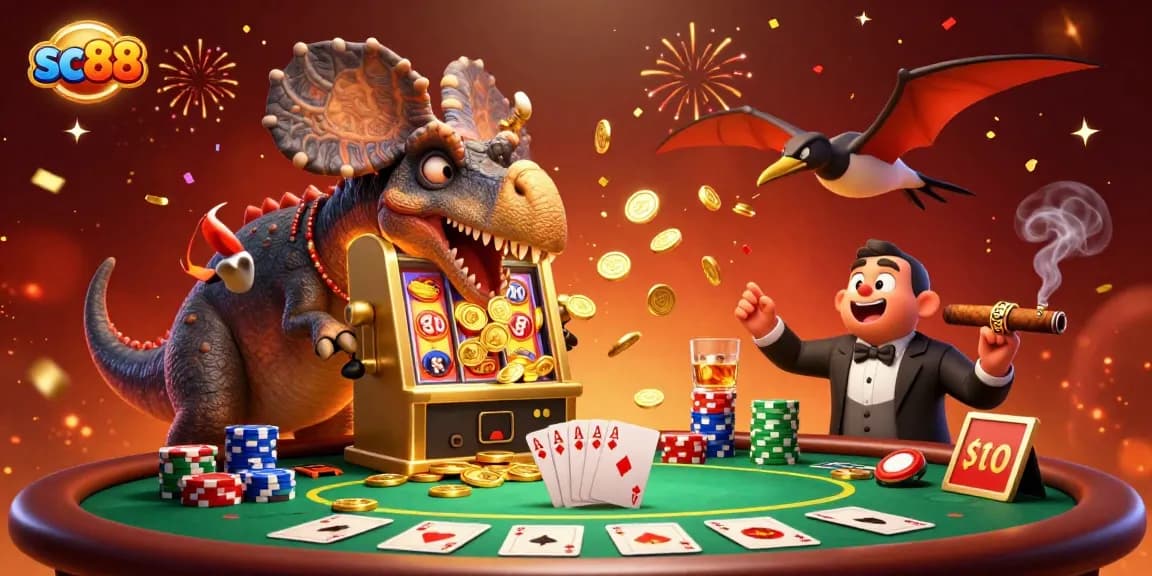 Enjoy exciting casino gameplay with sc88 as a pachycephalosaurus wins a jackpot, surrounded by poker elements.