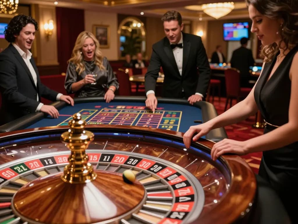 go8 roulette action with players placing bets and ball spinning in an upscale casino setting