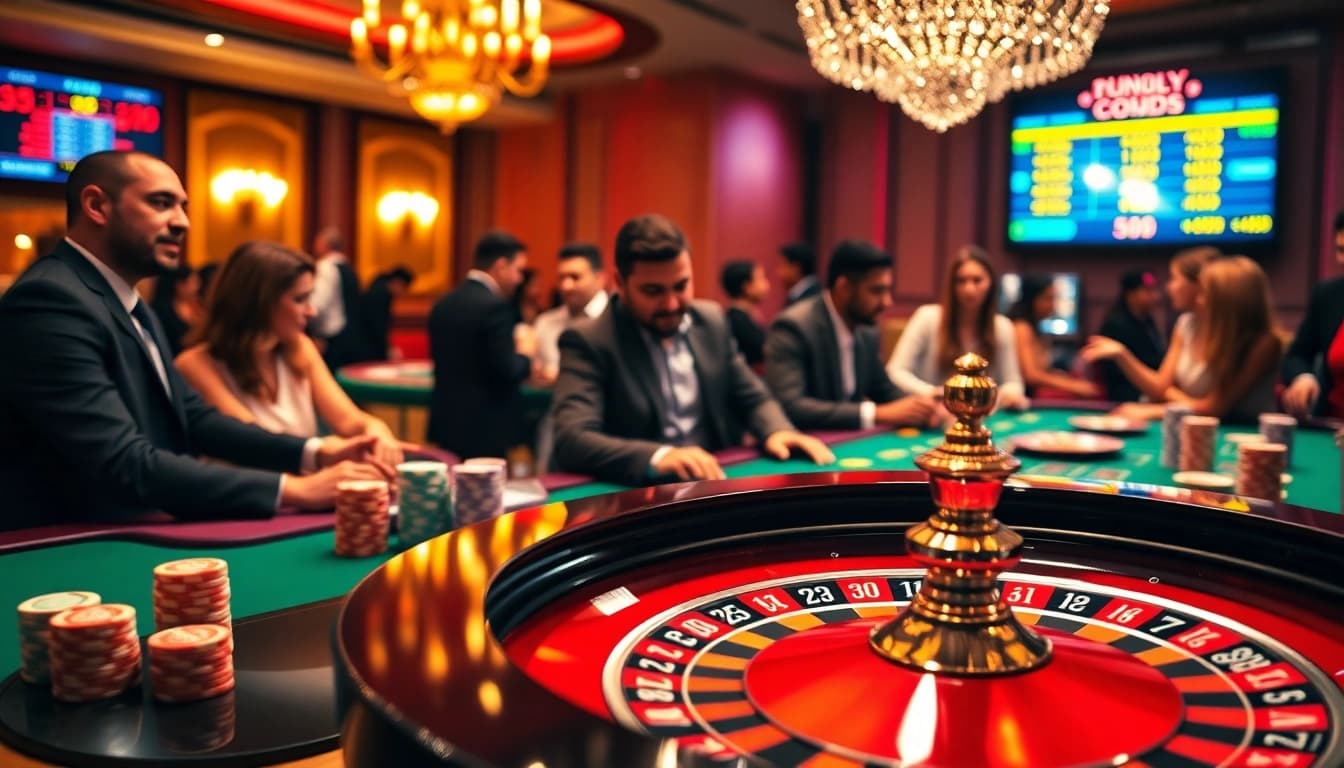 C168com.vip casino scene showcasing vibrant roulette table with poker chips and players enjoying the excitement.