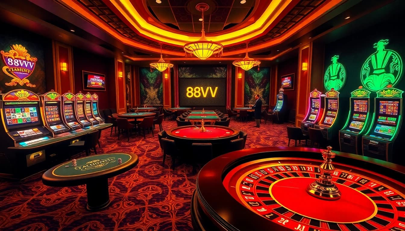 Exciting game action at the 88VV casino showcasing poker tables, slot machines, and vibrant roulette wheels.